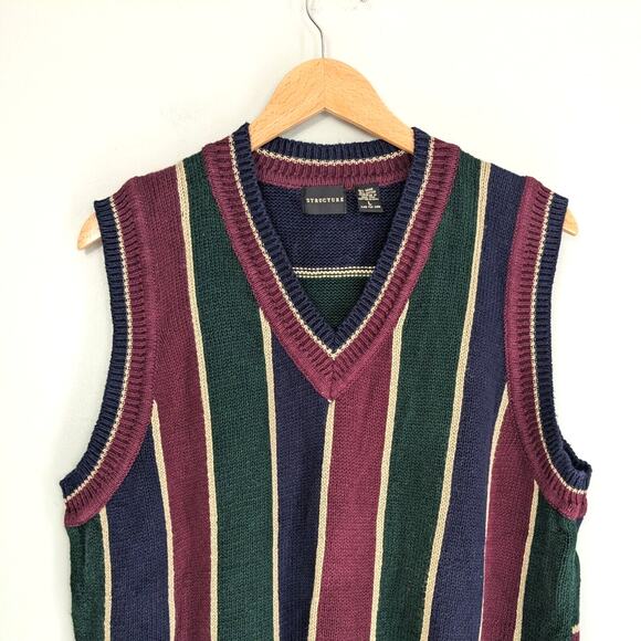 Structure Sweater Vest Mens L Blue Green Maroon 90s Vintage Stripe V-Neck Prep - Picture 1 of 9